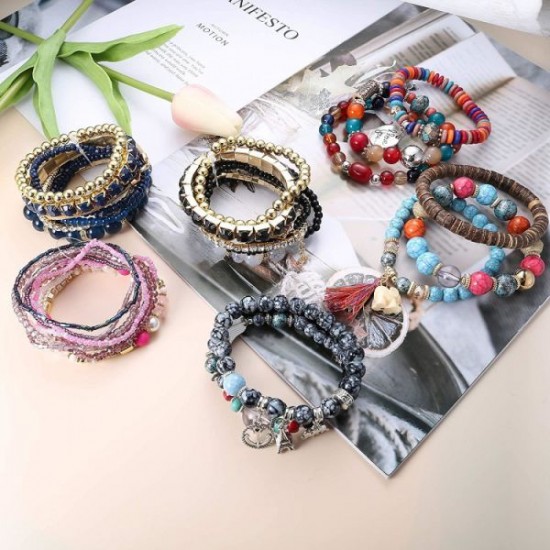 6 Sets Bohemian Stackable Bracelets For Women Multilayered Bead Bracelet Set Boho Stretch Strand Bangles Multicolor Fashion